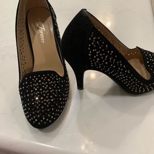 Black sequin studded suede pumps